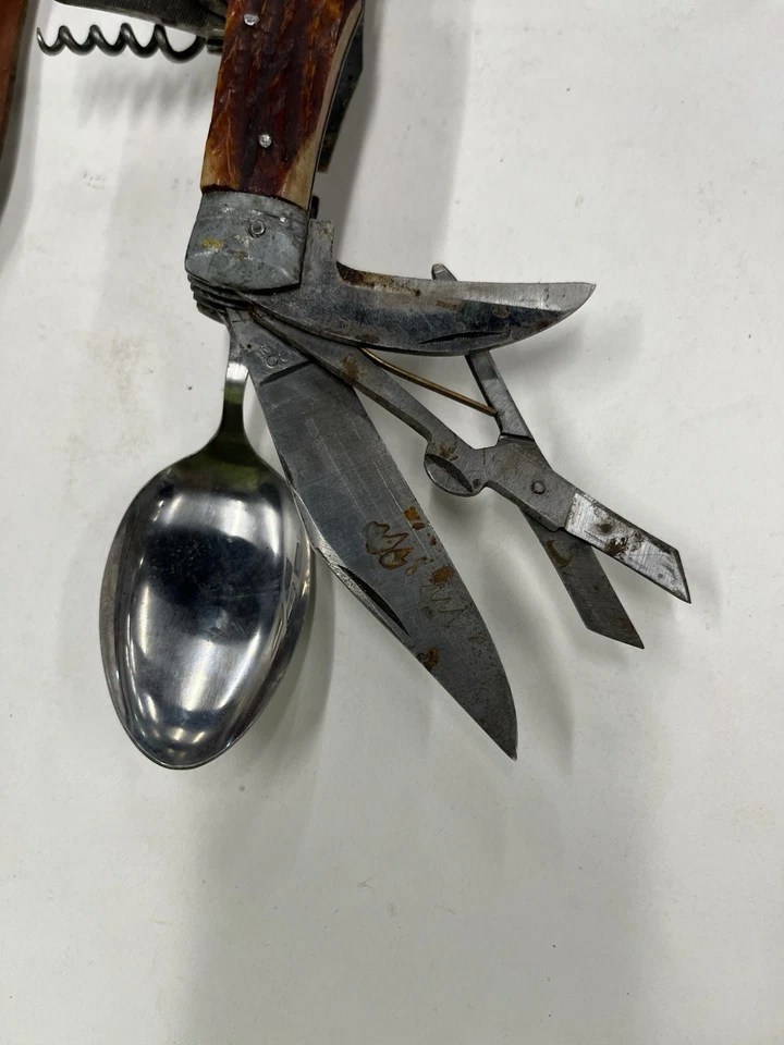 Cuchillo de supervivencia vintage BACO Japón mango de asta multiherramienta, estuche de cuero Foto 4 de 4