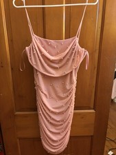 Pink Mesh Ruched Bodycon Dress Cowl Neck Beaded Accents Sleeveless Short