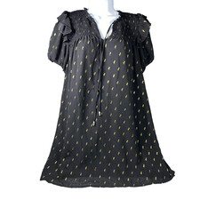Entro Mini Dress Small Black Gold Smocked Puff Sleeve Cottagecore Boho Babydoll