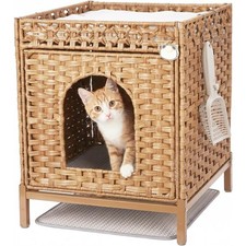 Rattan Hidden Cat Litter Box Enclosure Cabinet Furniture with Hooks  Litter Mat