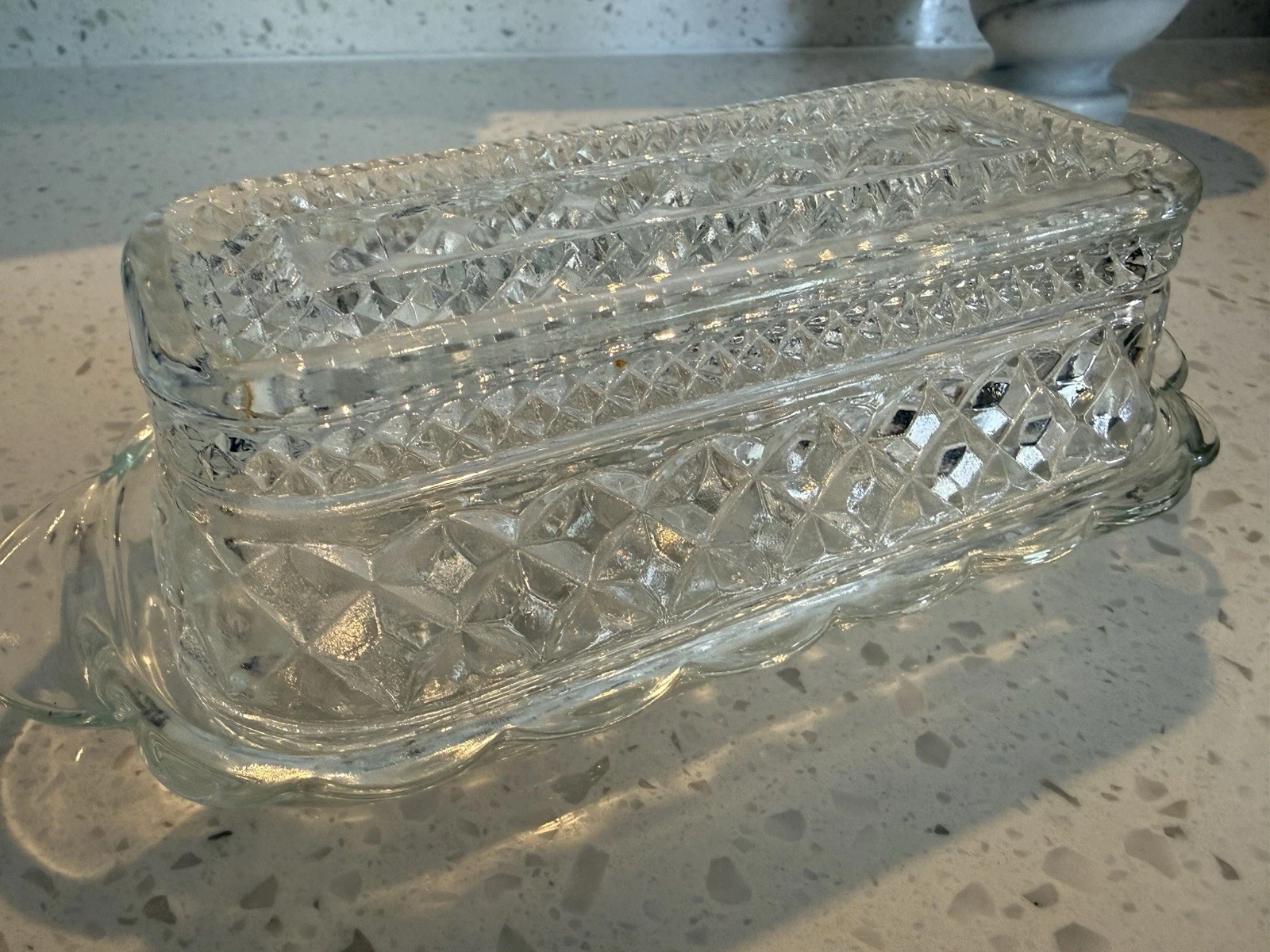Depression glass vintage Elegant Clear Glass Butter Dish with cover.