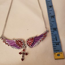 BeautifulLarge RED Angel Winges Pendant with Cross Crystal silver Necklace ~3"