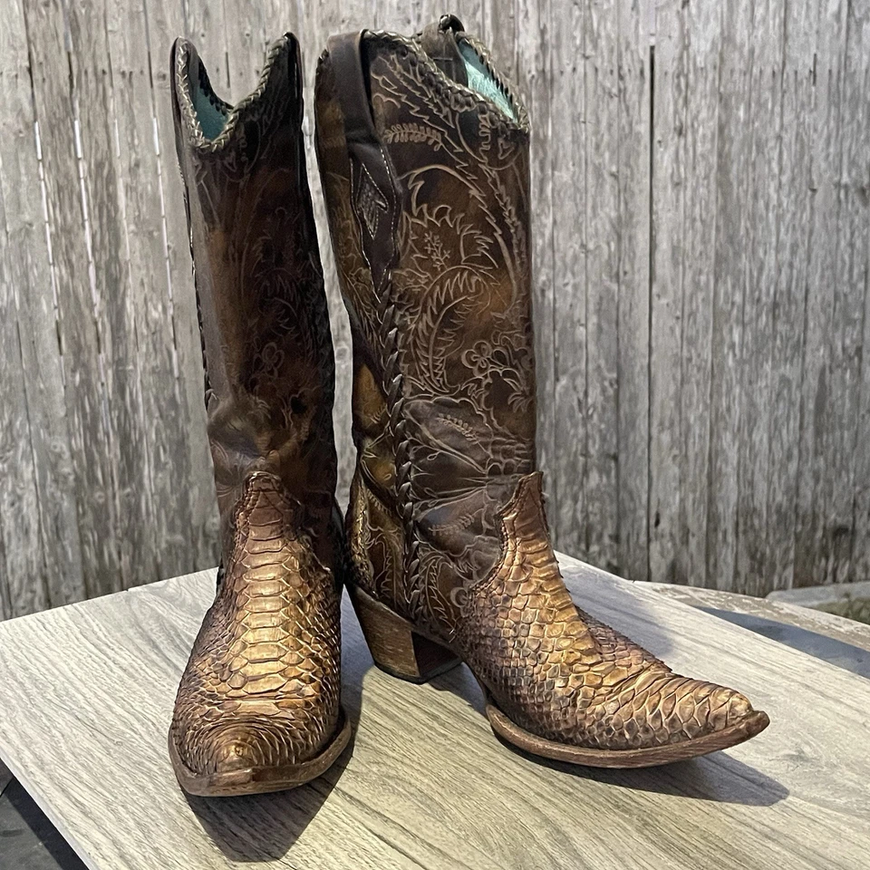 Botas de Vaquero Corral Vintage Piel de Serpiente Mujer 10 M Marrón Bordado Cuero Cortado Foto 2 de 4
