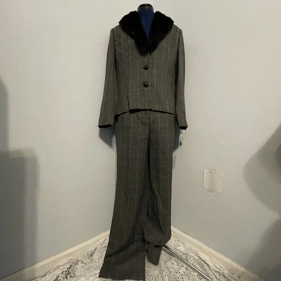 Traje pantalón vintage Deadstock Amanda Smith gris cuello de piel a cuadros talla 8 Foto 2 de 4