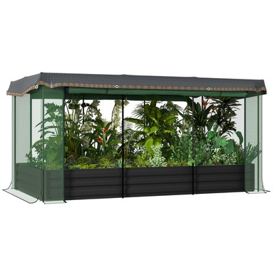 Outsunny Galvanized Raised Garden Bed with Crop Cage & Shade Cloth, Gray