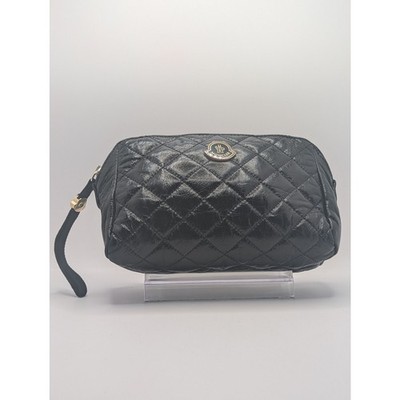 Authentic Moncler Caradoc Black Quilted Clutch w/ Holo and Wristlet Strap