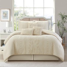 7 Piece Beige Comforter Set, Queen Size Jacquard Bedding Set, All Season Geom...