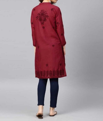 Women Indian Chikankari Cotton Kurti Front Button 3/4 Sleeve Party Tunic Dress - Picture 23 of 45