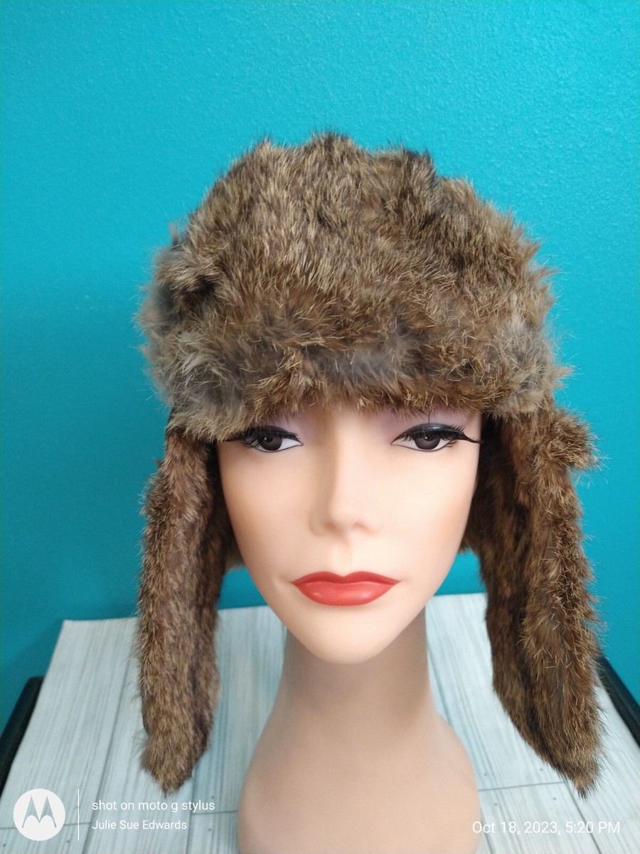 Vintage Suede Leather Real Rabbit Fur Trapper Aviator Hat  display picture 1