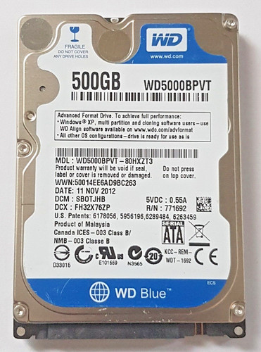 500 GB SATA Western Digital WD5000BPVT-80HXZT3 5400rpm 8MB 2.5" Festplatte
