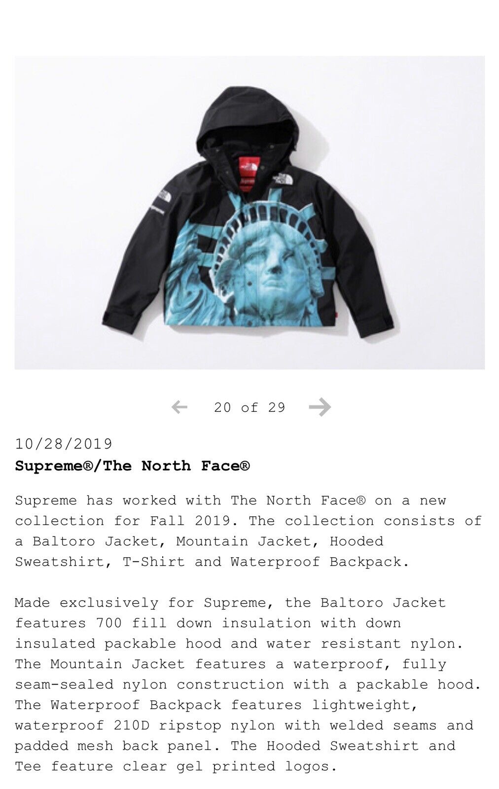 BRAND NEW SUPREME THE NORTH FACE STATUE OF LIBERTY MOUNTAIN JACKET 