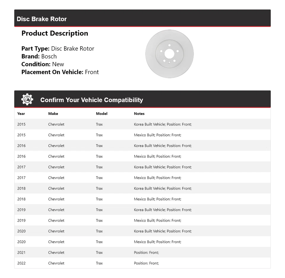 Rotor de freno de disco delantero QuietCast para Chevrolet Trax Bosch 2015-2022 2016 2017 Foto 2 de 4