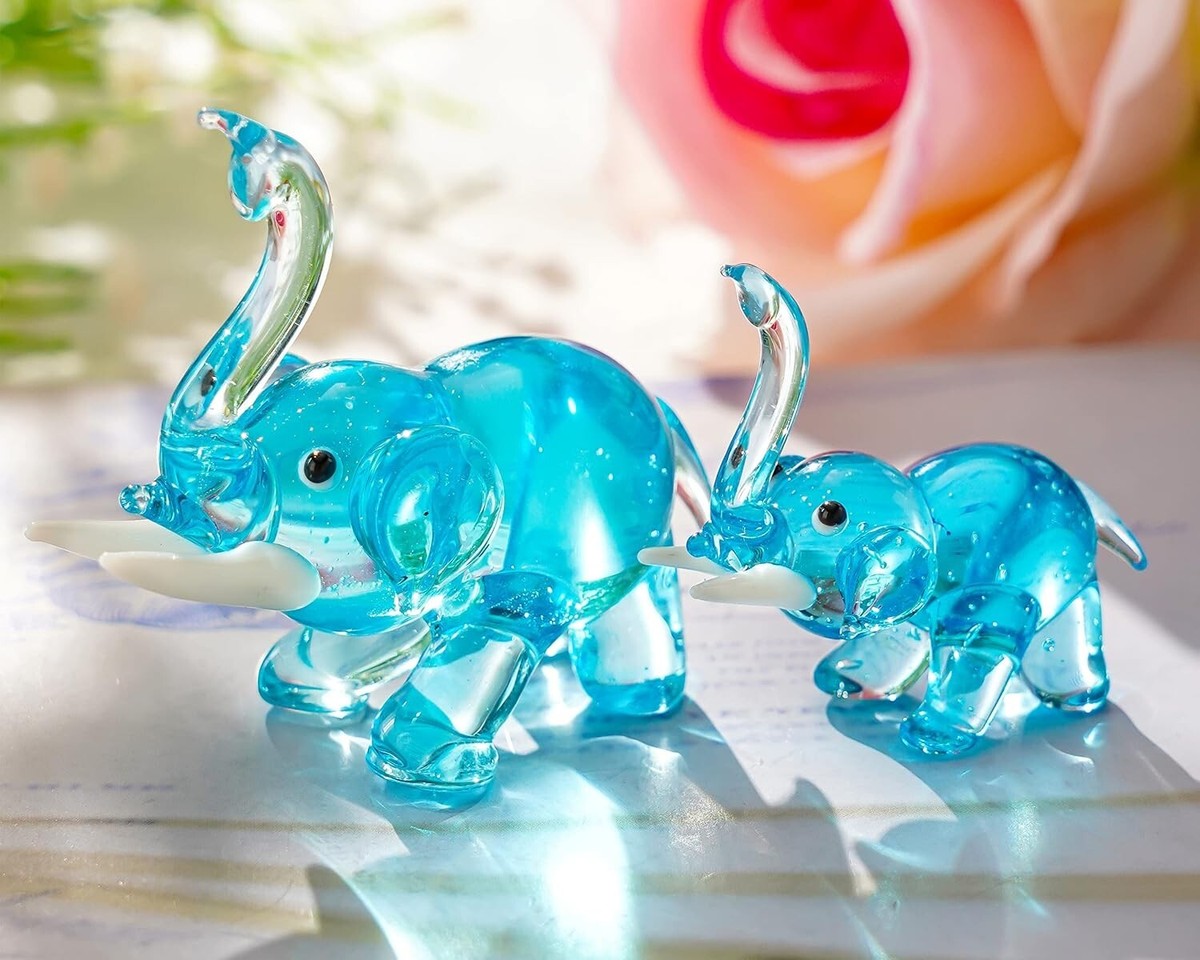 H&D HYALINE & DORA 2pcs Hand Blown Glass Elephant Figurines 2.8