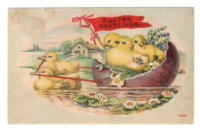 Easter Greetings Ducklings Pulling Three Chicks In Shell Boat Divided