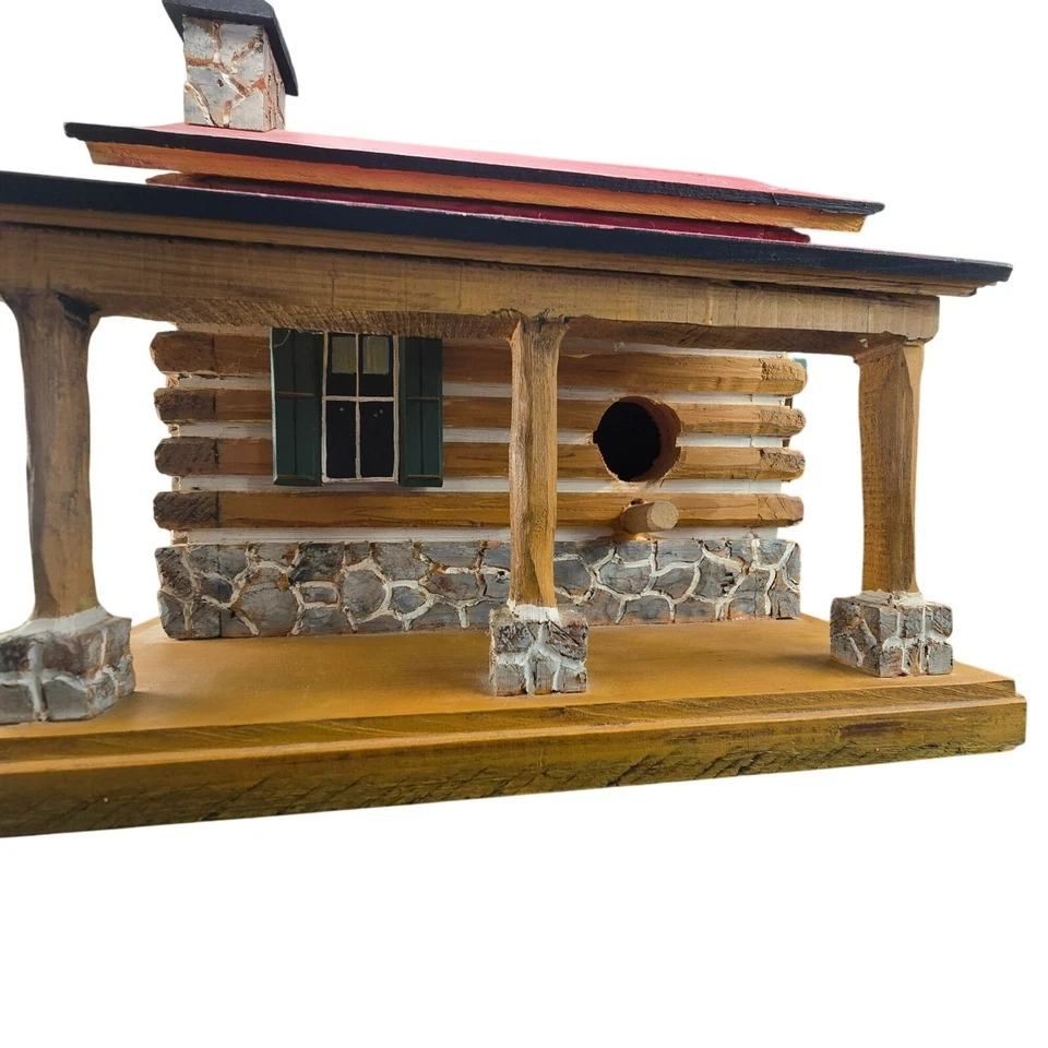 Handcrafted Wooden Log Cabin Birdhouse With Red Roof Stone Accents Signed CM2042 - Image 3 of 4