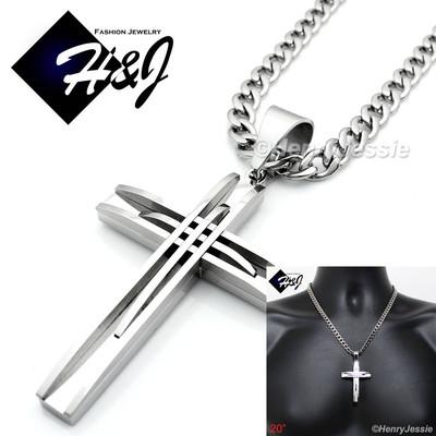 20''MEN Stainless Steel 7mm Silver Cuban Curb Link Chain Necklace Cross Pendant*A