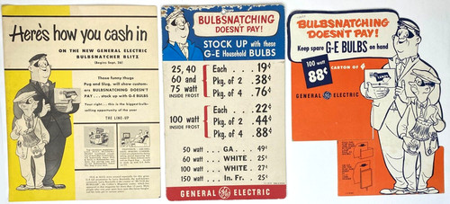 1950s GE Bulbs Counter Sales Display Signs & Paper Bulbsnatching Ad Characters