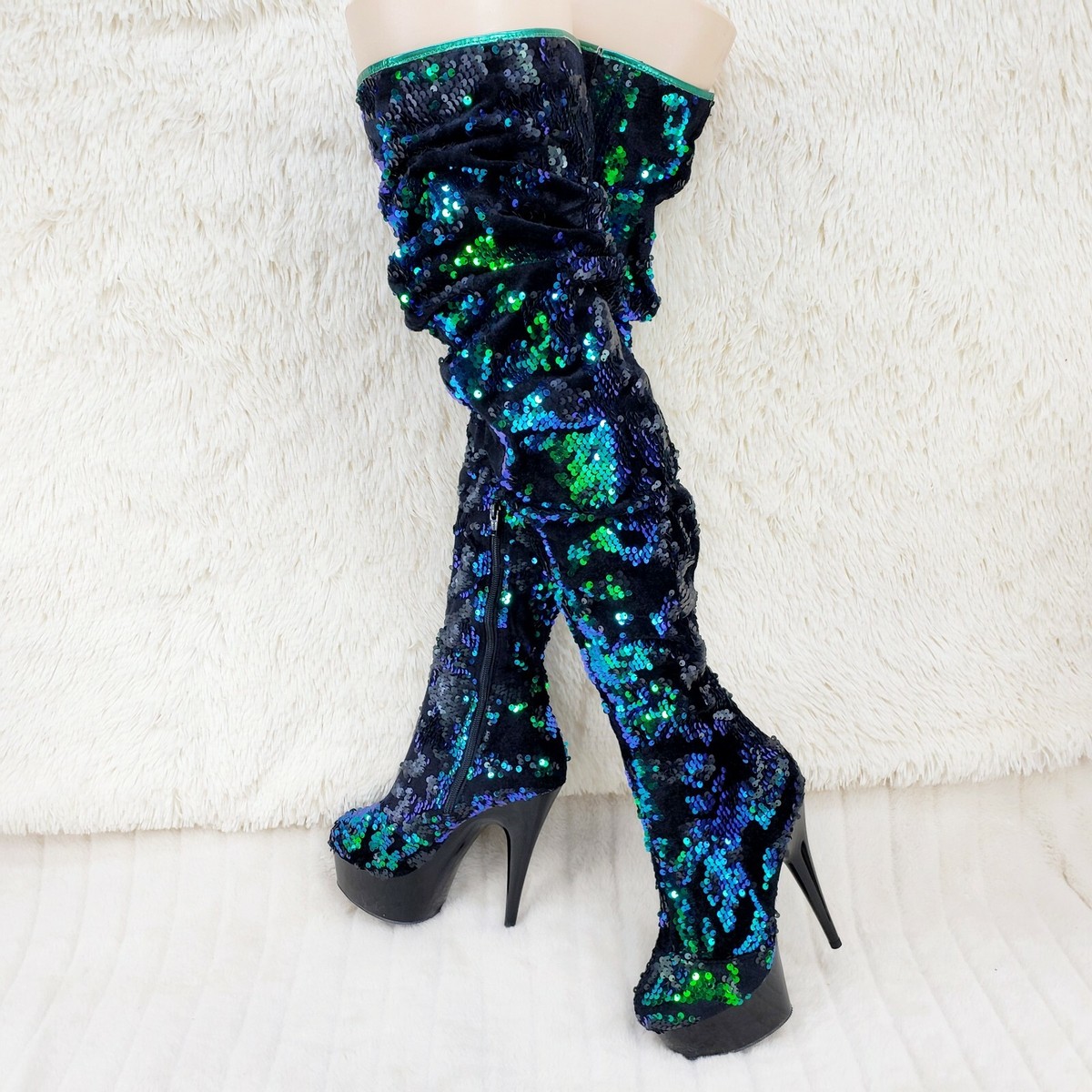 Delight 3004 Green Mermaid Sequin Slouchy Thigh High Boots 6