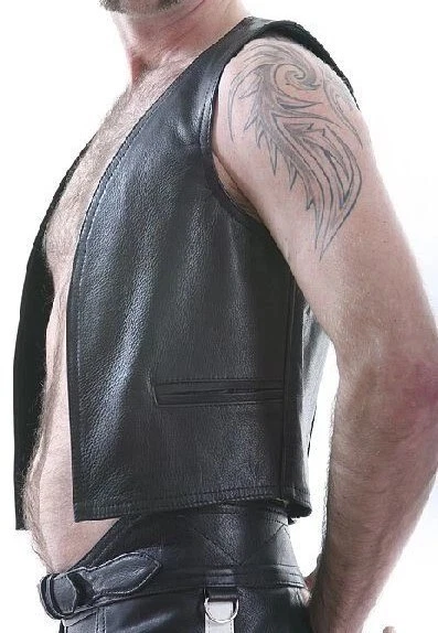 MEN' GENUINE LEATHER BARTENDER VEST FRONT OPEN VEST BIKER LEATHER WAISTCOAT