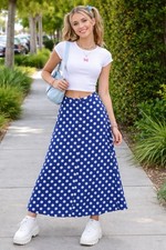 Talbots NWOT Blue White Polka Dot Button Front Long A-Line Skirt Size 6 Y2K