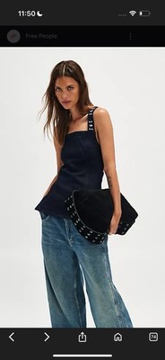Free people Decked in shine navy denim top with studded jewels