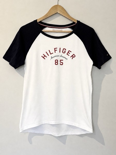 Tommy Hilfiger Raglan Logo Crew Neck Stretch Jersey Tee Top White Black S