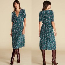 Amour Vert Nicolette Silk Midi Dress Chloe Green Floral Size XS Romantic Chic