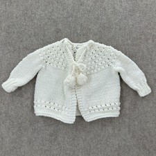 VTG Handmade Cream Baby Sweater Knit Cardigan Pom Poms Tie Closure