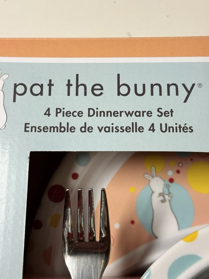 Juego de vajilla de melamina para niños de 4 piezas Pat the Bunny plato, tazón, tenedor y cuchara nuevo en caja Foto 4 de 4