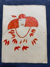 Lee Godie - painting drawing 12.5 x 9.8 in  on old paper signed stamped