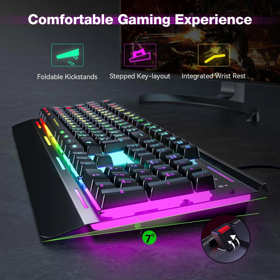 TECKNET RGB Gaming Keyboard UK Layout, USB Wired Computer Keyboard with 15-Zone - Image 3 of 4