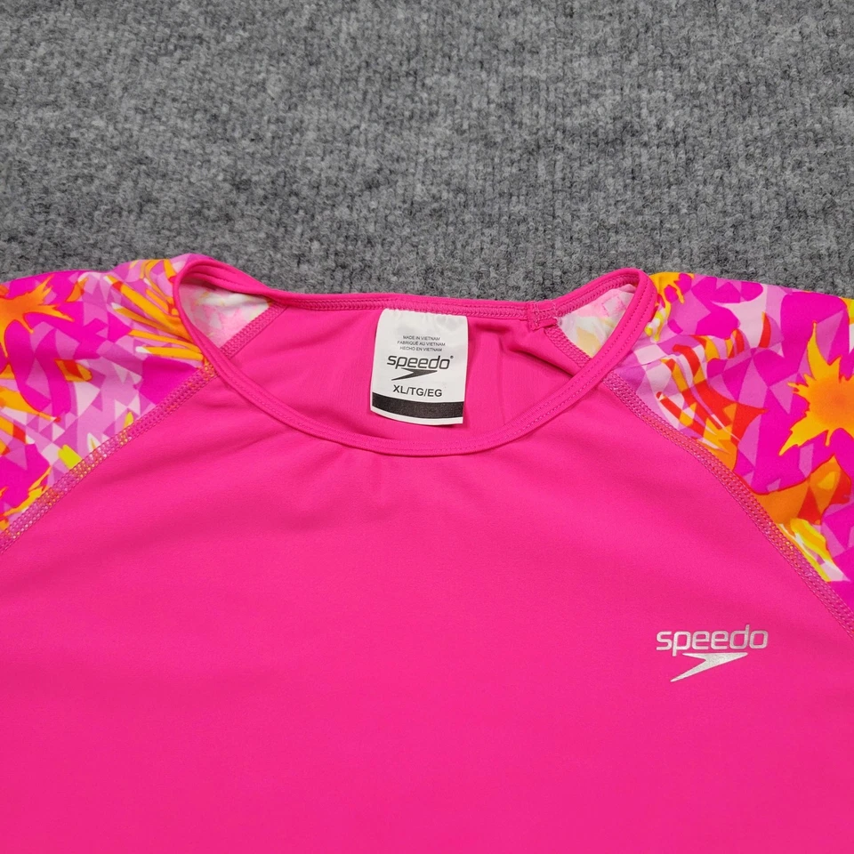 Speedo Swim Shirt Youth XL Pink Rash Guard Block the Burn UV 50+ Floral Girl Kid - Image 2 of 4