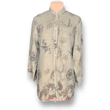 Vintage 90s Citron Santa Monica Linen Tunic Dragon Print Beige Red Asian Top 