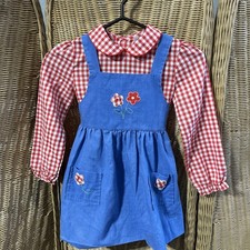 Vintage Girls 6X Dress Apron Gingham Blue Denim Prairie Flowers