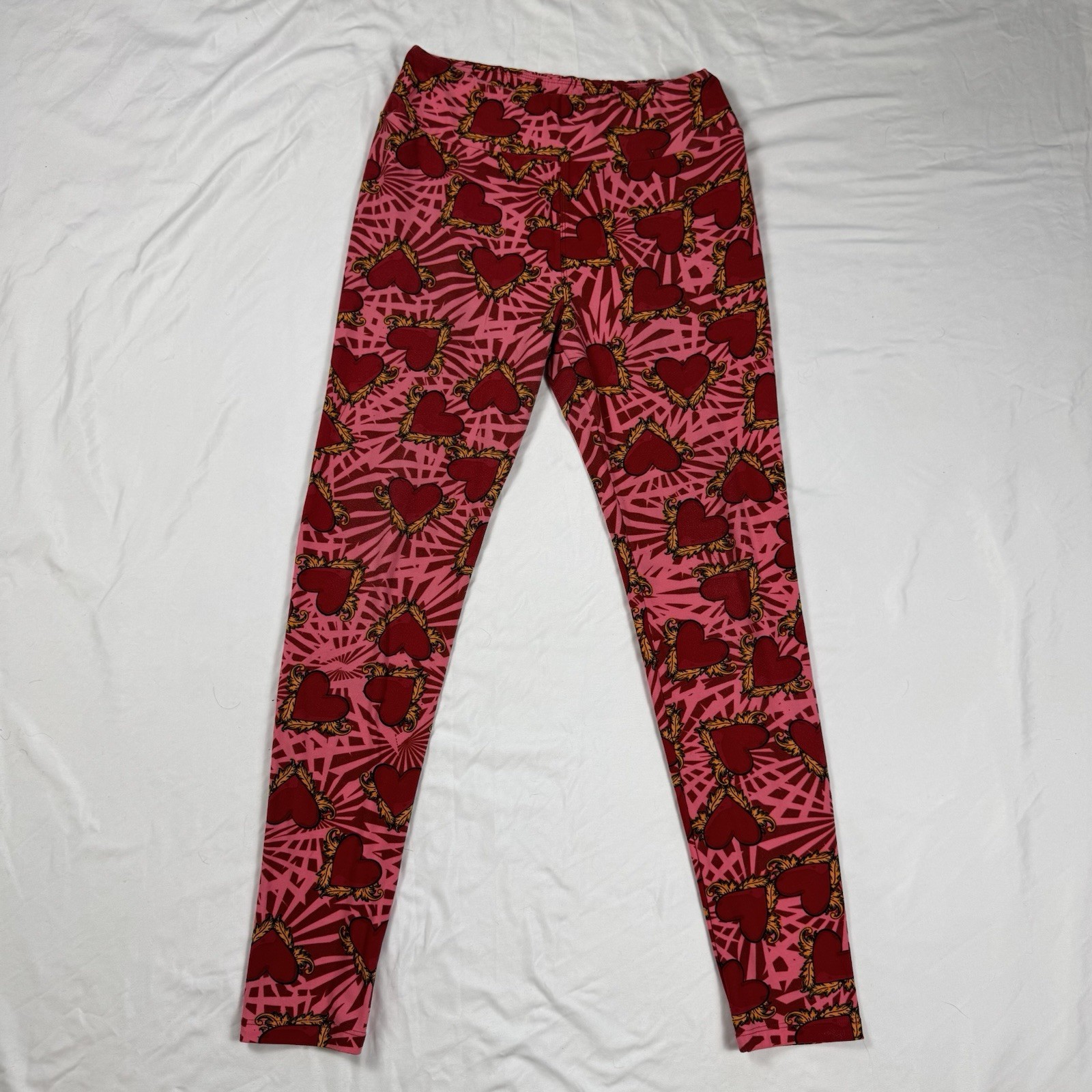 LuLaRoe OS Leggings Pink Red Sacred Heart Graphic Print Stretchy Pants One Size