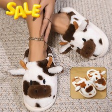 Cute Cow-Print Fleece Slippers Women's Winter Homewear for Warmth and Comfort