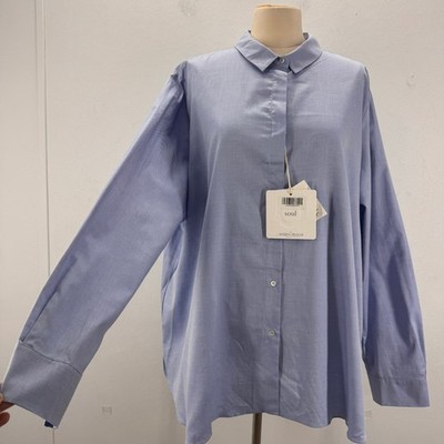 NWT Marina Rinaldi Button Up Cotton Poplin Shirt Blue US 22 Preppy Career Luxury