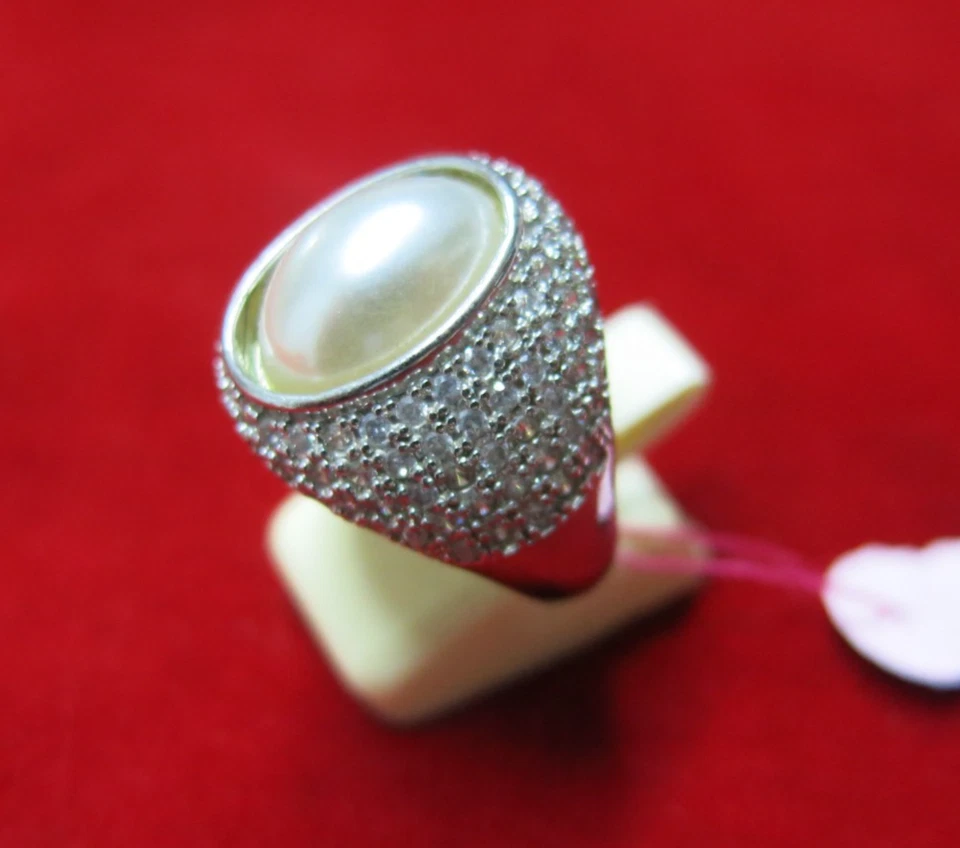 Anel de coquetel vintage declaração – pérola falsa e strass transparente (tamanho 8) - Imagem 2 de 4