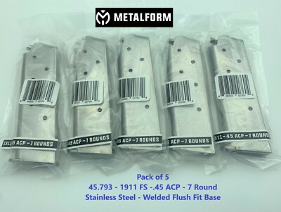 5 Pack 1911 Magazine 7 Round Stainless 45 ACP Auto Fits Colt Kimber Springfield