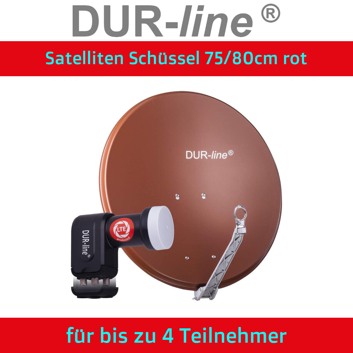 Sat Komplettanlage Profi Alu 4 Teilnehmer 75cm/80cm rot Quad LNB DUR-line