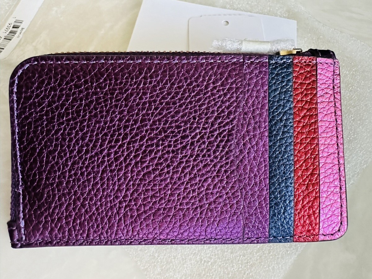 NWT COACH METALLIC PURPLE/MULTI COLORBLOCK LEATHER CORNER ZIP CARD