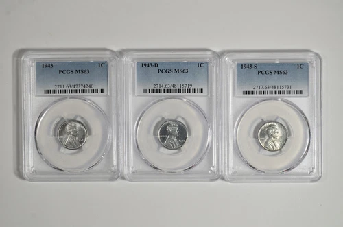 1943 P D S 1c Lincoln Steel Wheat Cent PCGS MS 63 Three Coin Lot