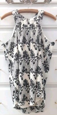 NWOT Larry Levine SzS B&W Floral Sleeveless Blouse Lined Racerback Back Tie Neck