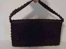 VINTAGE BLACK SATIN AND GLASS BEADED CLUTCH PURSE WITH REMOVABLE STRAP HONG KONG