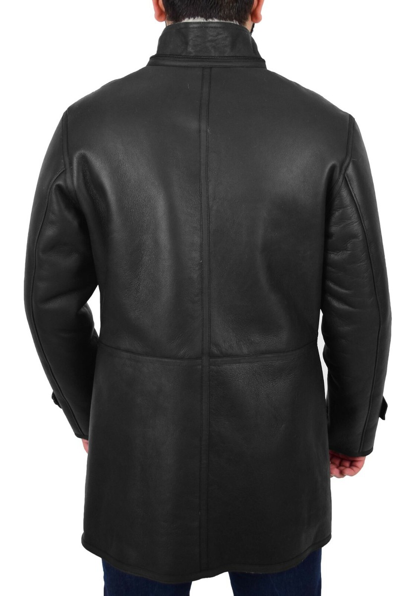 Mens Real Sheepskin Duffle Coat Black Hooded Lamb Shearling