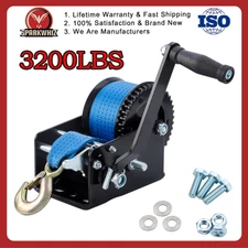 Heavy Duty 3200LBS Hand Winch Hand Crank 2 Gear Polyester Strap ATV Trailer Boat