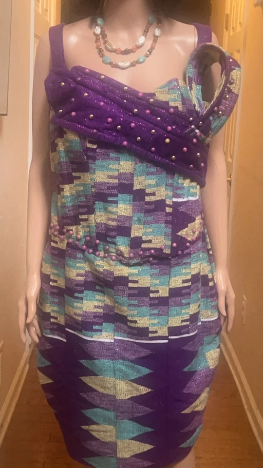 Kente Dress Printed In Purple Gold And Light Green Print With Beautiful Beads - Image 2 of 4