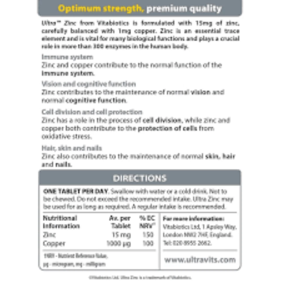Vitabiotics ultra ZINC Con Cobre 60 Comprimidos (Pack de 2) Foto 2 de 4
