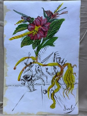 SALVADOR DALI drawing and painting on old paper signed stamped vintage