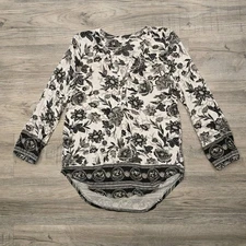 Lucky Brand Top Blouse Womens Medium Black White Floral Long Sleeve V-Neck 